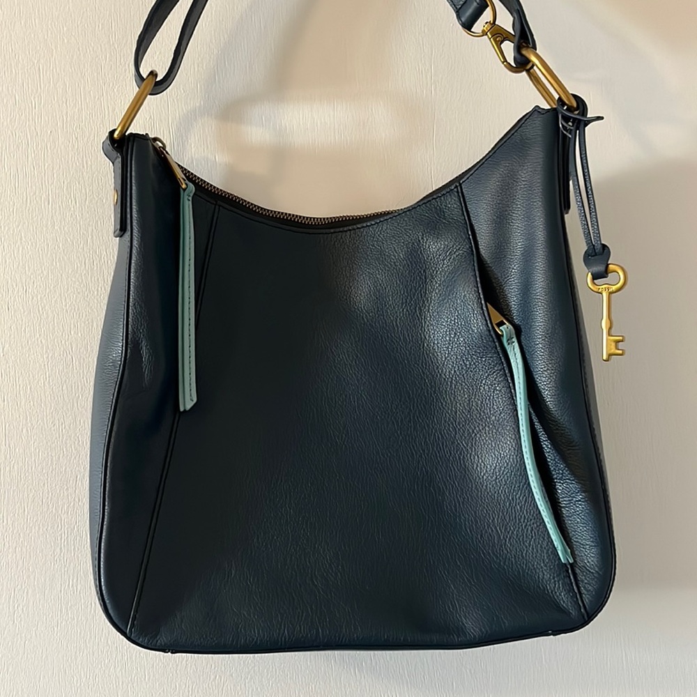 Fossil Navy Leather with Aqua accent Hobo Tote Bag